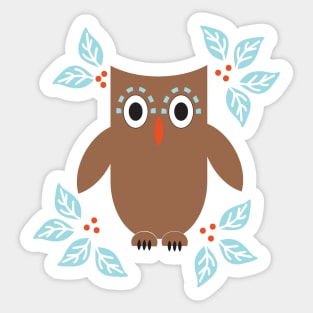 Cute chocolate brown baby owl with berries and leaves Sticker